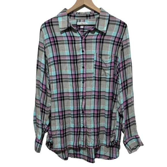 Kim Rogers Button Up Shirt Plaid Roll Tab Sleeves 100% Rayon Women’s Size 1X - Picture 1 of 13